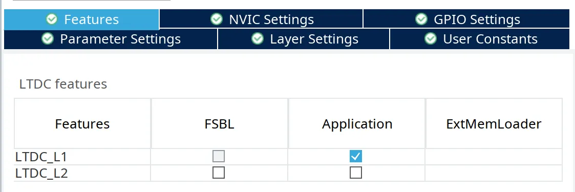 CubeMX LTDC Features tab configuration