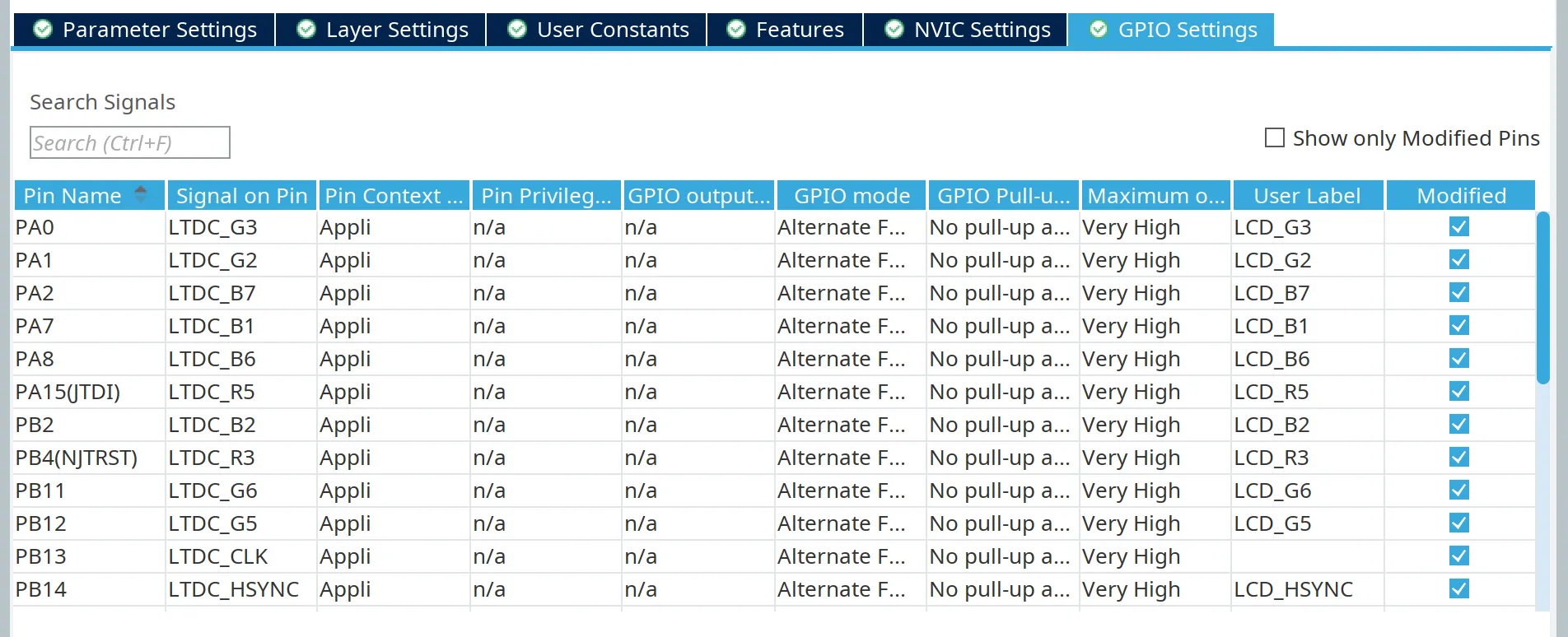 CubeMX LTDC GPIO tab configuration