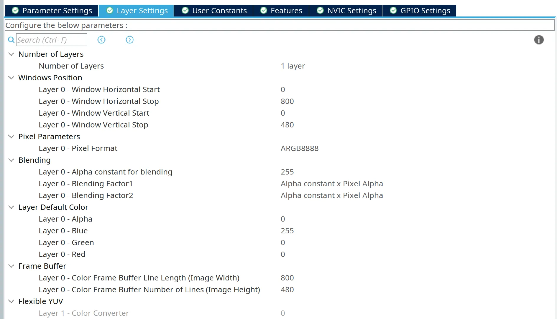 CubeMX LTDC Layer Settings tab configuration