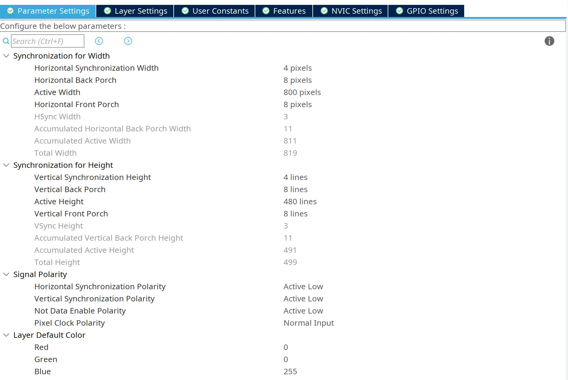 CubeMX LTDC Parameters tab configuration